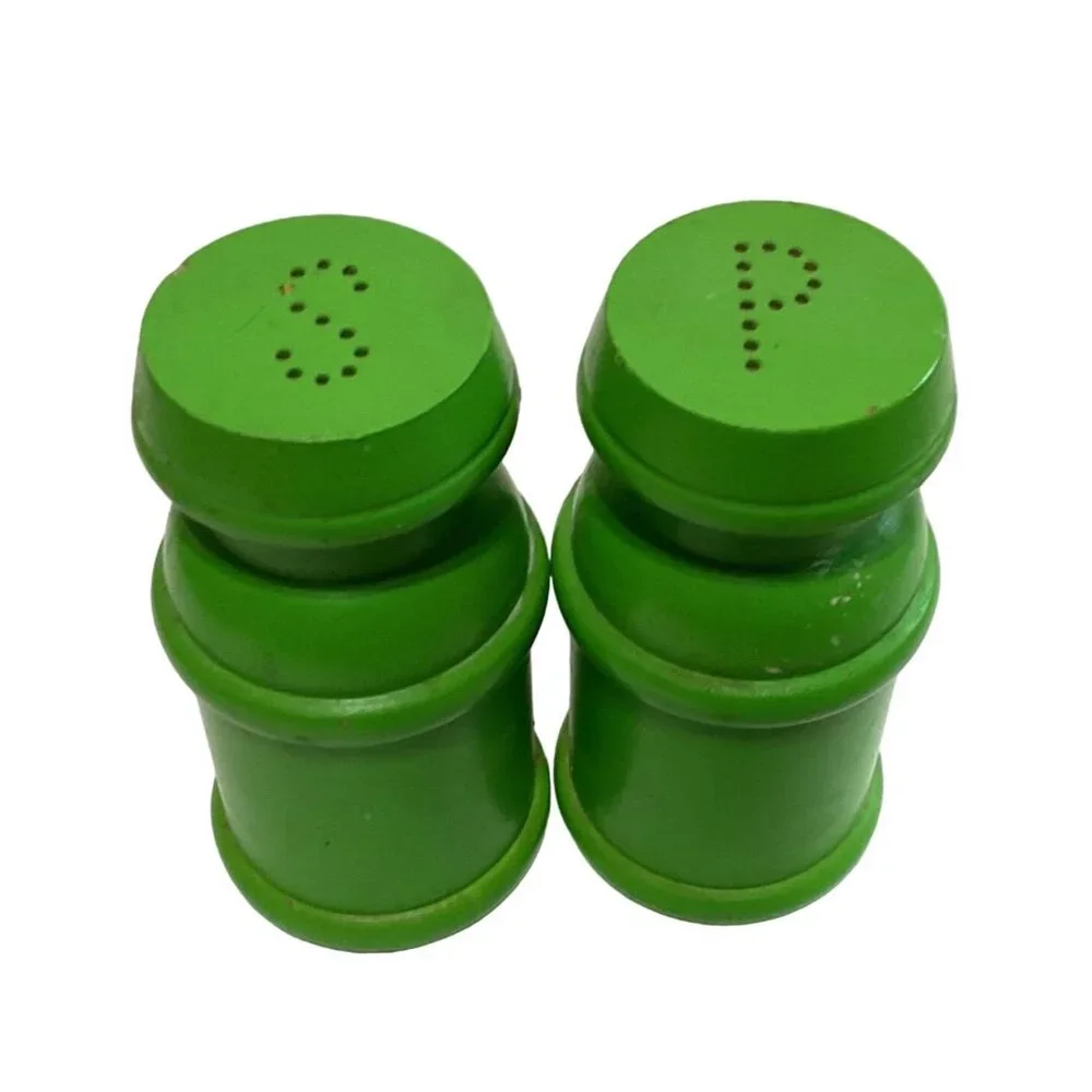 Vtg MCM Wood Milk Can Salt & Pepper Shakers Lime Green by Clover 3.5